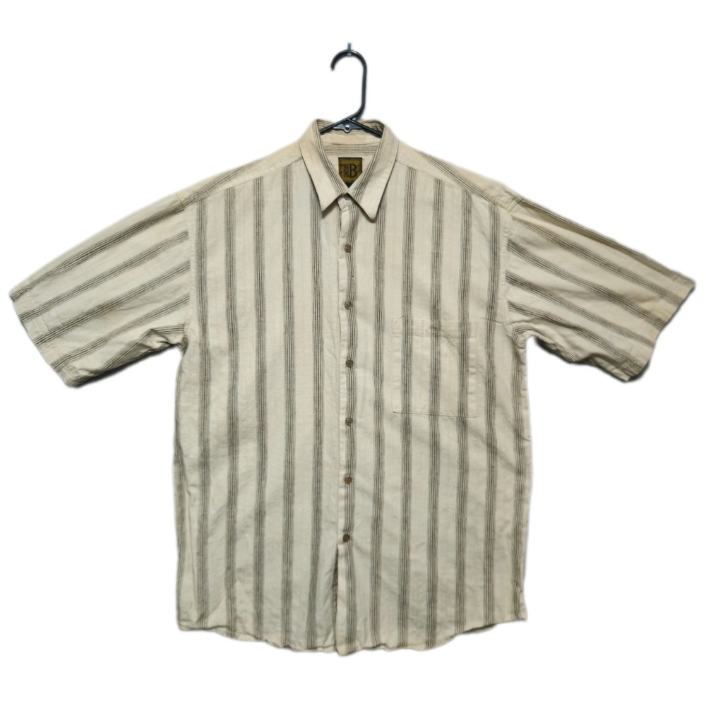 Bruno Linen Blend Shirt  Mens Medium Striped Short Sleeve Button Down Beige